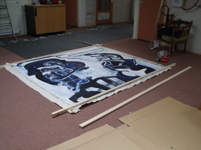 Preparation work for framing "Darth Vader and me" of 1999 (190x208cm)
